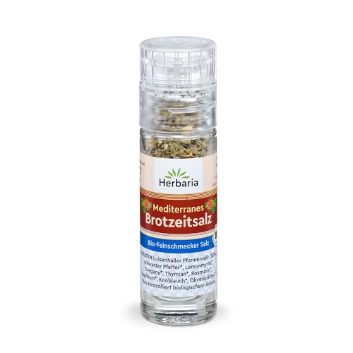 Herbaria Mediterranes Brotzeitsalz bio 15g Mini-Mühle – Bio-Brotzeitsalz, Bio-Kräutersalz, Bio-Gewürzsalz – für mediterrane Gerichte wie Pizza, Pasta und Antipasti – mit Luisenhaller-Pfannensalz von Herbaria