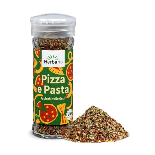 Herbaria Pizza e Pasta bio 50g Streuer - fertiges Bio-Pasta- & Pizzagewürz für italienische Gerichte - mit erlesenen Zutaten - im praktischen Glas-Gewürzstreuer von Herbaria