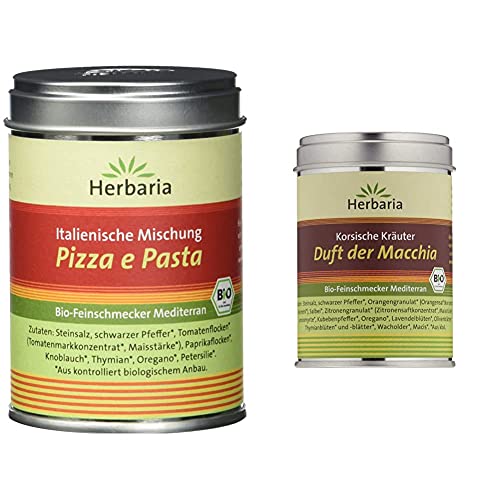 Herbaria "Pizza e Pasta" italienische Mischung, 1er Pack (1 x 100 g Dose) - Bio & "Duft der Macchia" Korsische Kräuter, 80g von Herbaria