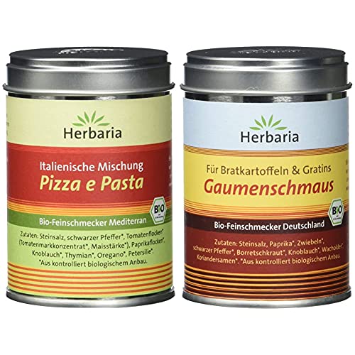 Herbaria "Pizza e Pasta" italienische Mischung, 1er Pack (1 x 100 g Dose) - Bio & "Gaumenschmaus" Bratkartoffelgewürz, 100 g - Bio von Herbaria