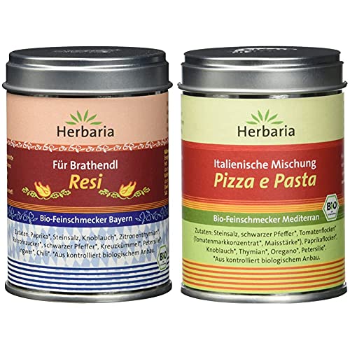 Herbaria "Resi" Brathendl Gewürzmischung, 1er Pack (1 x 90 g Dose) - Bio & "Pizza e Pasta" italienische Mischung, 1er Pack (1 x 100 g Dose) - Bio von Herbaria