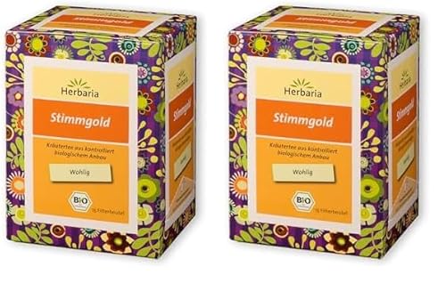 Herbaria Stimmgold Tee bio 15FB – 100% Bio-Kräutertee im Filterbeutel – perfekte Kräuterteemischung, für wohlige Wärme in Hals u. Rachen – natürlich wohltuender Teegenuss (Packung mit 2) von Herbaria