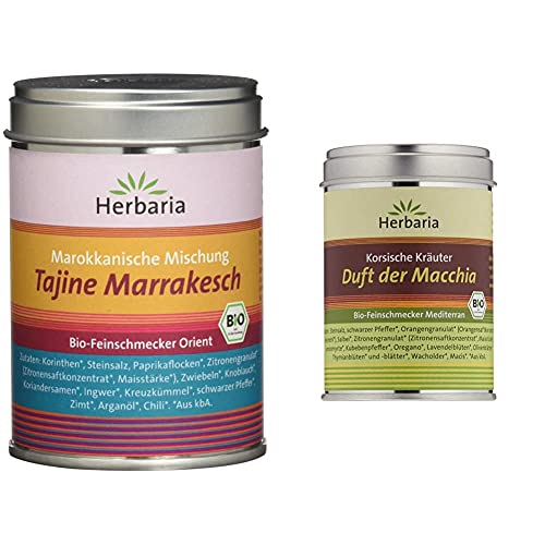 Herbaria "Tajine Marrakesch" Marokkanische Gewürzmischung, 1er Pack (1 x 100 g Dose) - Bio & "Duft der Macchia" Korsische Kräuter, 80g von Herbaria