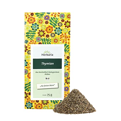 Herbaria Thymian Tee bio 75g – 100% Bio-Kräutertee lose – Bio-Thymiantee lose - natürlicher Teegenuss für freien Atem - klimaneutral hergestellt in Deutschland von Herbaria