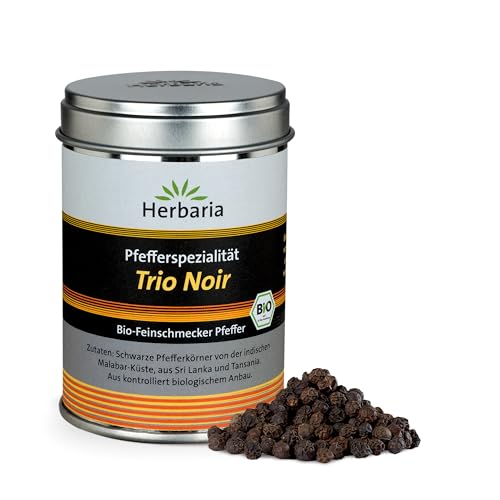 Herbaria Trio Noir bio 75g M-Dose – Bio Pfeffer schwarz ganz – ganze Pfefferbeeren – schwarze Pfeffermischung aus biologischem Anbau von drei verschiedenen Regionen - in nachhaltiger Aromaschutz-Dose von Herbaria