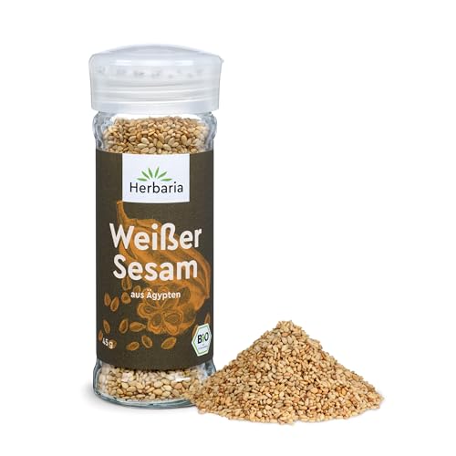 Herbaria Weißer Sesam bio 45g Streuer – Bio weißer Sesam ganze Samen ungeschält und geröstet – Bio Sesam weiß geröstet - Bio-Gewürz – Premium Bio-Qualität - im praktischen Glas-Gewürzstreuer Herbaria Weißer Sesam bio 45g Streuer – Bio weißer Sesam ganze Samen ungeschält und geröstet – Bio Sesam weiß geröstet - Bio-Gewürz – Premium Bio-Qualität - im praktischen Glas-Gewürzstreuer von Herbaria