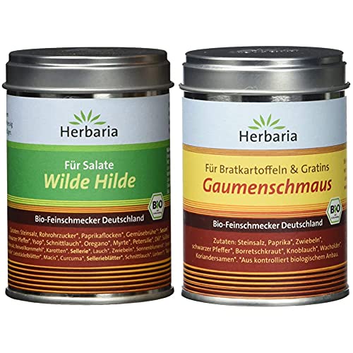 Herbaria "Wilde Hilde" Mischung für Salatdressing, 1er Pack (1 x 100 g Dose) - Bio & "Gaumenschmaus" Bratkartoffelgewürz, 100 g - Bio von Herbaria