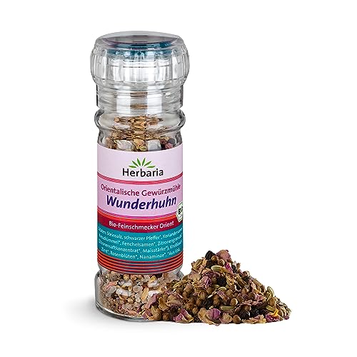 Herbaria Wunderhuhn bio 50g Mühle – fertiges Bio-Gewürzsalz für orientalische Hähnchen- & Geflügelgerichte und Kaninchen – auch für vegane Alternativen – wiederverwendbare Mühle mit Keramikmahlwerk von Herbaria