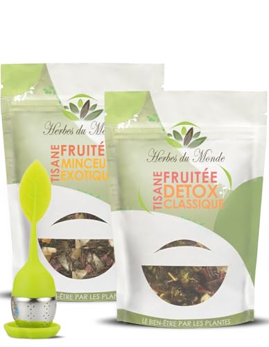Herbes du Monde – DUO Fruchtige Kräutertees zum Abnehmen und Entgiften mit Aufguss – Aufgüsse zum Abnehmen und Entgiften – Kräutertee für Wohlbefinden und Entgiftung – 2 Beutel à 100 g und 1 Teesieb Herbes du Monde – DUO Fruchtige Kräutertees zum Abnehmen und Entgiften mit Aufguss – Aufgüsse zum Abnehmen und Entgiften – Kräutertee für Wohlbefinden und Entgiftung – 2 Beutel à 100 g und 1 Teesieb von Herbes du Monde