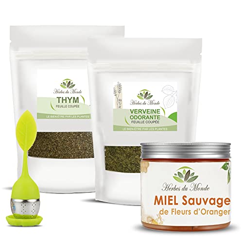 Herbes du Monde - Winter Trio - Winterkräutertees - Reduziert Müdigkeit und Grippesymptome - Bestehend aus 2 Beuteln (Thymianverbene), 1 Kanne (Orangenblütenhonig) und 1 Teesieb von Herbes du Monde