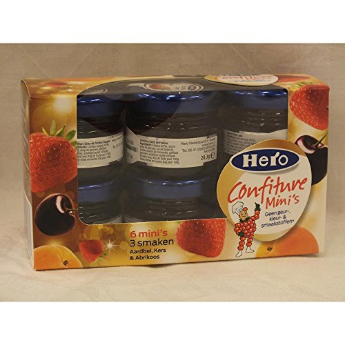 Hero Confiture Minis 3 schmaken Aardbei, Kers & Abrikoos 6 x 28g (Erdbeere, Kirsche und Aprikose Konfitüre) von Hero