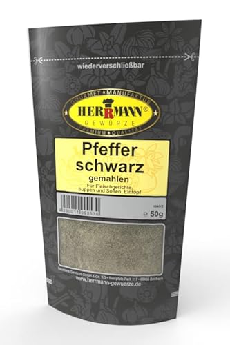 Pfeffer schwarz gemahlen, scharf 50g ohne Zusatz Pfeffer schwarz gemahlen, scharf 50g ohne Zusatz von Herrmann Gewürze