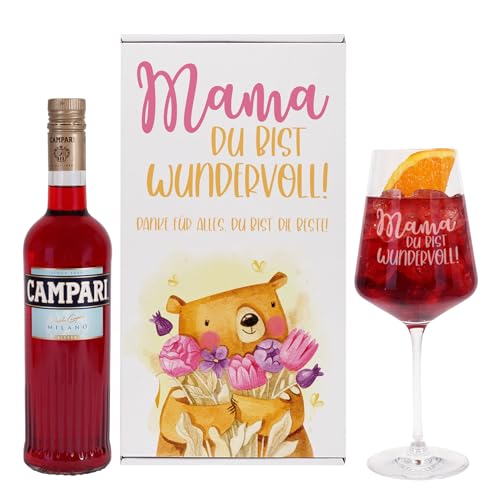 Geschenkset Mama du bist wundervoll – Glas mit Gravur und 700 ml Campari Aperitif – Geschenk zum Muttertag oder Geburtstag – personalisierte Geschenkbox mit Mamabär Motiv Spülmaschinengeeignet von Herz & Heim