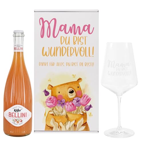 Geschenkset Mama du bist wundervoll – Glas mit Gravur und 750 ml Bellini Pfirsich Cocktail – Geschenk zum Muttertag oder Geburtstag – personalisierte Geschenkbox mit Mamabär-Motiv. von Herz & Heim