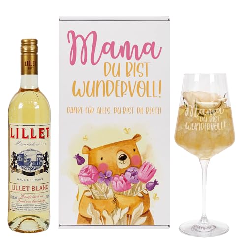 Geschenkset Mama du bist wundervoll – Glas mit Gravur und 750 ml Lillet Rosé oder Lillet Blanc – Geschenk zum Muttertag oder Geburtstag – personalisierte Geschenkbox mit Bär-Motiv (Lillet Blanc) von Herz & Heim
