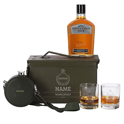 Herz & Heim® 5-tlg Jack Daniel's Gentleman Jack Whiskey Set 2 Gläsern mit Gravur, Feldflasche + Original Munitionskiste von Herz & Heim