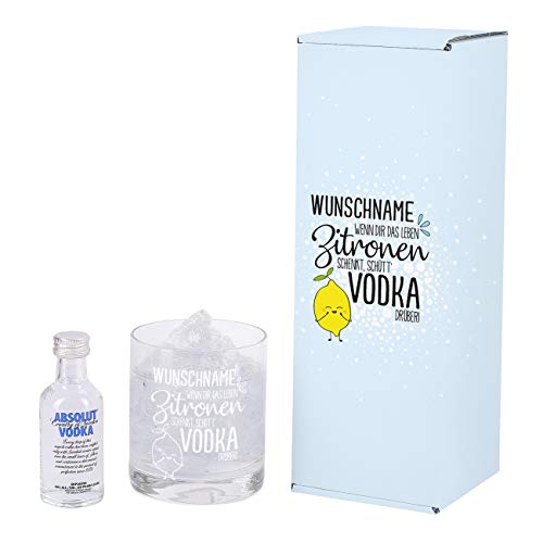 Herz & Heim® Absolut Vodka Geschenk-Set - Wenn Dir das Leben Zitronen schenkt, schütt Vodka drüber - mit Mini Vodka und gravierten Glas von Herz & Heim