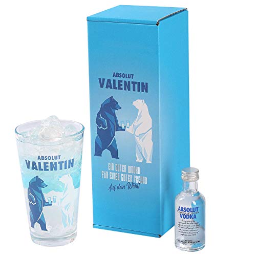 Herz & Heim® Absolut Vodka Geschenk-Set mit Miniaturflasche Wodka und bedrucktem Longdrinkglas von Herz & Heim
