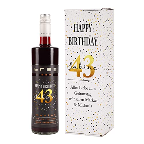 BREE Weinflasche (1 x 0.75 l) Geburtstagswein personalisiert mit Namen und Alter (merlot, Flasche + Verpackung) von Herz & Heim