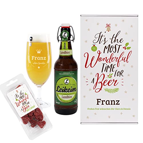 Herz & Heim® Bier Geschenkset zu Weihnachten mit Pilstulpe, Salami Herzen, Bierflasche und Geschenkbox, personalisiert von Herz & Heim