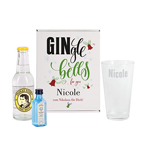 Herz & Heim® Bombay Sapphire 5cl, Thomas Henry Tonic, Longdrinkglas und schöner Verpackung mit Wunschnamen und Wunschtext zu Weihnachten von Herz & Heim