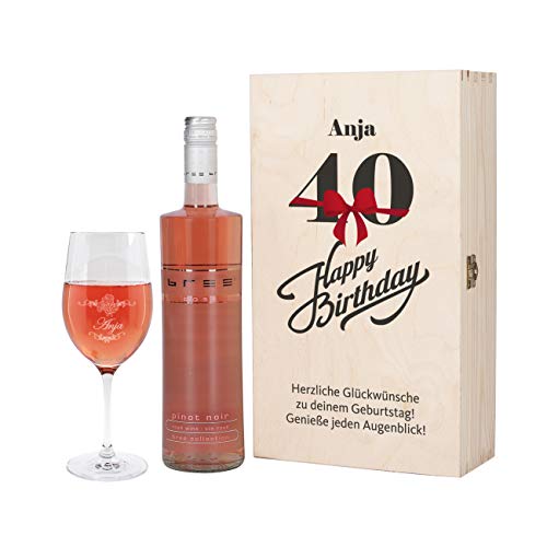 Herz & Heim® Bree Wein-Geschenk zum 40. Geburtstag mit graviertem Weinglas und Bree Wein zur Auswahl in Präsentbox Rosé von Herz & Heim