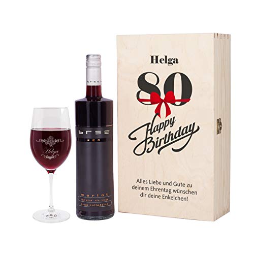 Herz & Heim® Bree Weingeschenk zum 80. Geburtstag mit graviertem Weinglas und Bree Wein zur Auswahl in Weinkiste mit Aufdruck Rot von Herz & Heim