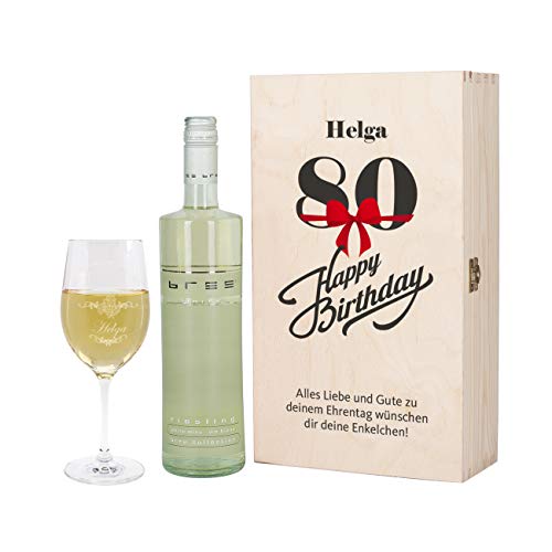 Herz & Heim® Bree Weingeschenk zum 80. Geburtstag mit graviertem Weinglas und Bree Wein zur Auswahl in Weinkiste mit Aufdruck Weiß von Herz & Heim