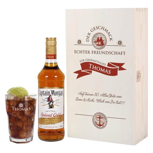 Herz & Heim® Captain Morgan Geschenkset für beste Freunde mit Gravur des Glases und bedruckte Geschenkverpackung von Herz & Heim