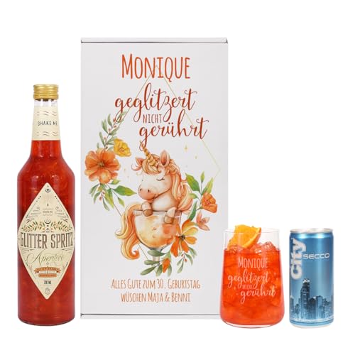 Herz & Heim® Cocktail-Geschenkset für Frauen "geglitzert nicht gerührt" mit 0.7l Glitter Spritz, graviertem Glas, Geschenkbox und Secco-Dose von Herz & Heim