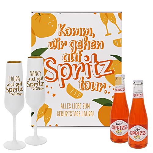 Herz & Heim® Cocktail-Geschenkset inkl. Geschenkbox, 2 Sektgläser mit Gravur und 2 Flaschen Käfer Sprizz von Herz & Heim