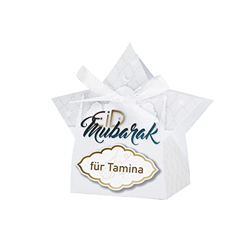 Herz & Heim® Eid Mubarak gebastelte Stern Geschenkverpackung mit 3 Lindor Kugeln gefüllt und Wunschnamen personalisiert von Herz & Heim
