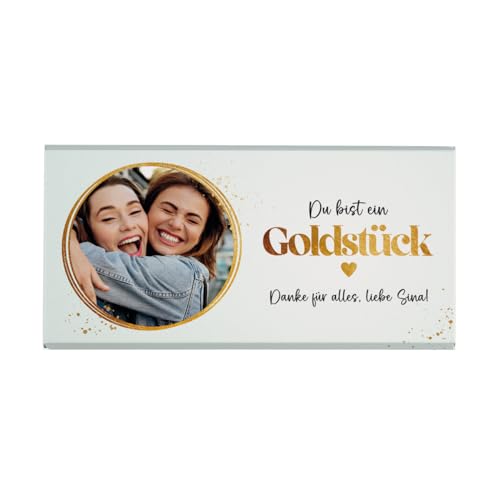 Herz & Heim® Foto-Schokolade mit Wunschtext als kleines Geschenk zum Geburtstag, für die Freundin oder zu Weihnachten (Goldstück) von Herz & Heim