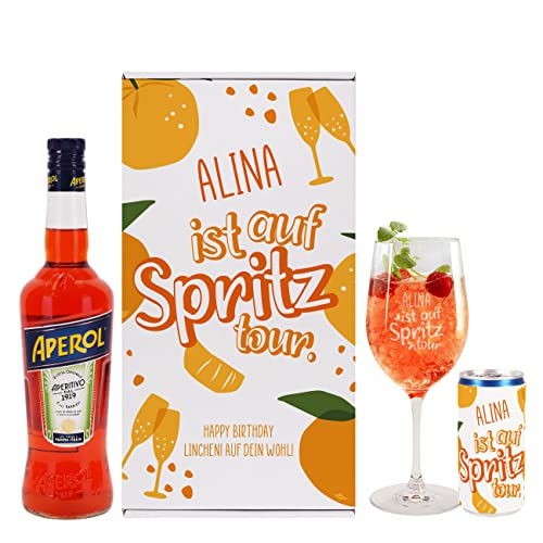 Herz & Heim® Frauen-Geschenkset "... ist auf Spritztour" / mit 0,7l Aperol, gravierten Glas, Secco-Dose und Geschenkbox/mit Wunschtext & -name von Herz & Heim