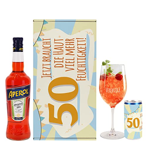 Herz & Heim® Frauen-Geschenkset mit 0,7l Aperol, gravierten Glas, Secco-Dose und Geschenkbox/mit witzigem Spruch und Personalisierung von Herz & Heim