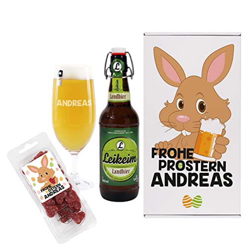 Herz & Heim® -Frohe Prostern- Ostergeschenkset mit Salamiherzen, Pilstulpe, Bier (0.5L) und Geschenkverpackung, personalisiert von Herz & Heim