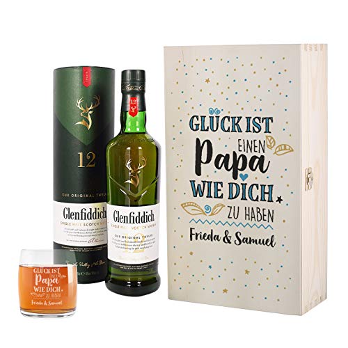 Herz & Heim® Genießerpaket für Papa Whisky mit gravierten Whiskyglas in Box - Glück ist einen Papa wie dich zu haben von Herz & Heim