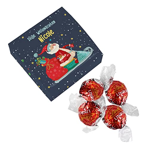 Herz & Heim® Geschenk-Schachtel mit 4 Pralinen und weihnachtlichem Motiv/Wunschname/Kleine Aufmerksamkeit Wehnachtsmann Jetski von Herz & Heim