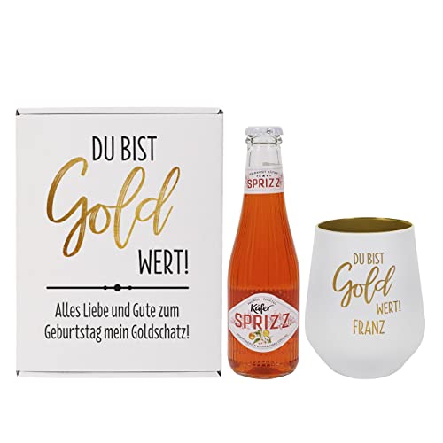 Herz & Heim® Geschenkset "Du bist Gold wert" / mit graviertem Trinkglas, bedruckter Geschenkbox und 0.2l Käfer Sprizz Flasche/Geburtstag, Weihnachten, Danksagung von Herz & Heim