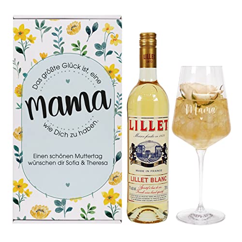 Herz & Heim® Geschenkset "Eine Mama wie Dich" mit Weinglas, Geschenkverpackung und 1 Flasche Lillet/Personalisiert Blanc von Herz & Heim