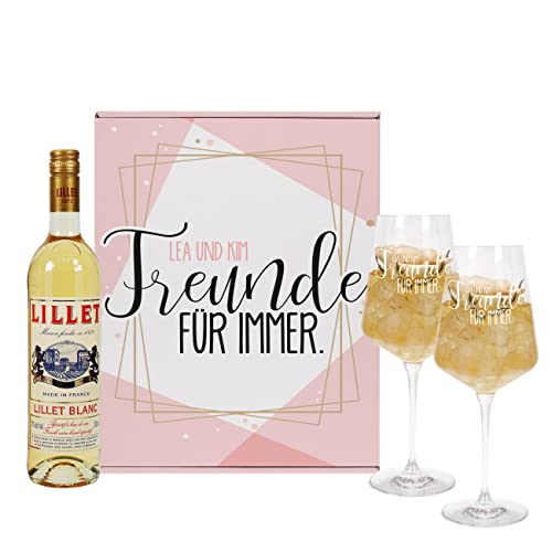 Herz & Heim® Geschenkset -Freunde für immer- mit 2 Weingläsern und 1 Flasche Lillet/mit Wunschnamen Blanc von Herz & Heim