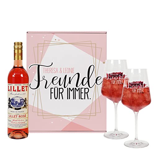 Herz & Heim® Geschenkset -Freunde für immer- mit 2 Weingläsern und 1 Flasche Lillet/mit Wunschnamen Rosé von Herz & Heim
