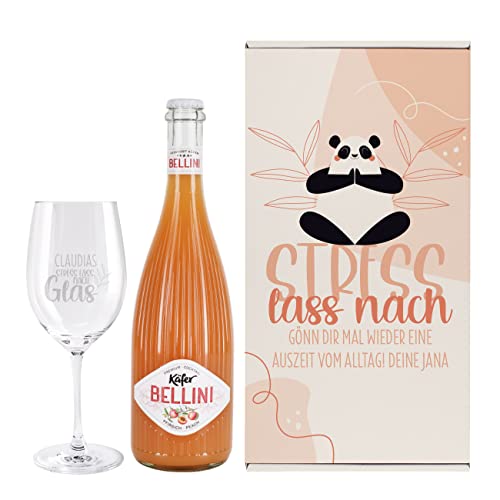 Herz & Heim® Geschenkset - Stress lass nach- mit Bellini Pfirsich, graviertem Glas, Wunschtext und Geschenkverpackung von Herz & Heim