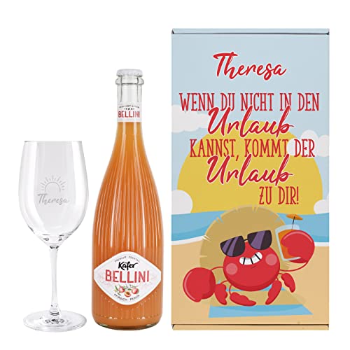 Herz & Heim® Geschenkset - Urlaub in der Box mit Bellini Pfirsich, graviertem Glas und Geschenkverpackung von Herz & Heim