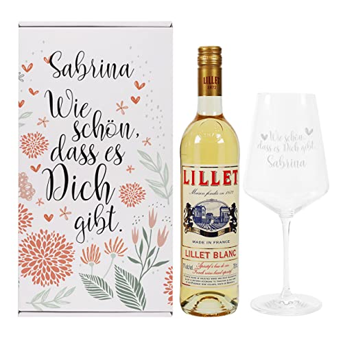 Herz & Heim® Geschenkset "Wie schön dass es Dich gibt" mit Geschenkbox, Weinglas und 1 Flasche Lillet/personalisiert Blanc von Herz & Heim