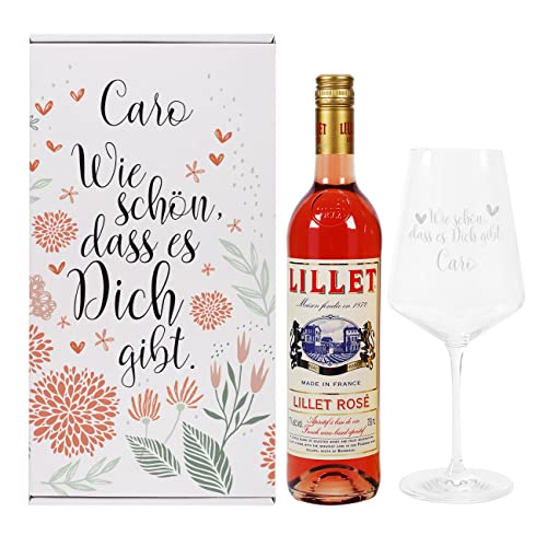 Herz & Heim® Geschenkset "Wie schön dass es Dich gibt" mit Geschenkbox, Weinglas und 1 Flasche Lillet/personalisiert Rosé von Herz & Heim