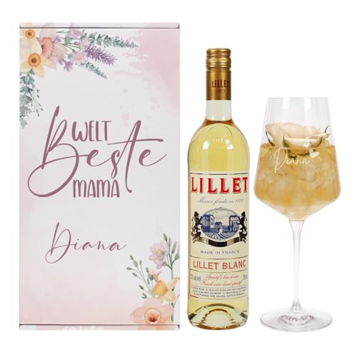 Herz & Heim® Geschenkset für die "Weltbeste Mama" mit graviertem Glas, Geschenkbox und Lillet (Blanc) von Herz & Heim