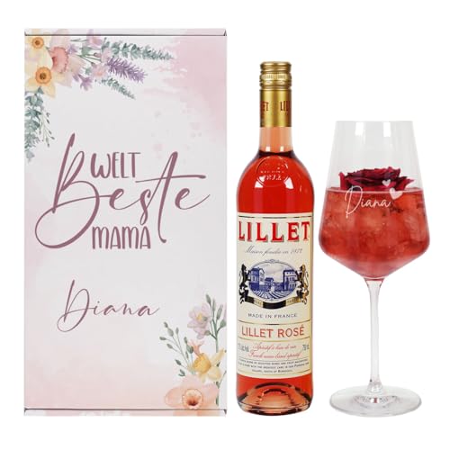 Herz & Heim® Geschenkset für die "Weltbeste Mama" mit graviertem Glas, Geschenkbox und Lillet (Rosé) von Herz & Heim