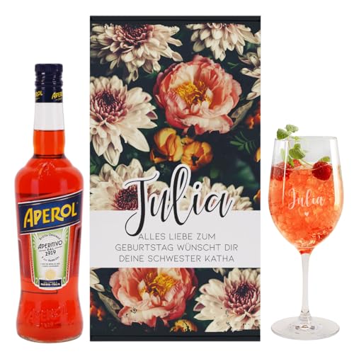 Herz & Heim® Geschenkset mit Vintage Blumenmotiv, graviertem Weinglas und einem alkoholischen Getränk, personalisiert (Aperol) von Herz & Heim