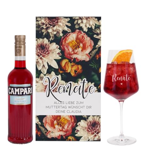 Herz & Heim® Geschenkset mit Vintage Blumenmotiv, graviertem Weinglas und einem alkoholischen Getränk, personalisiert (Campari) von Herz & Heim